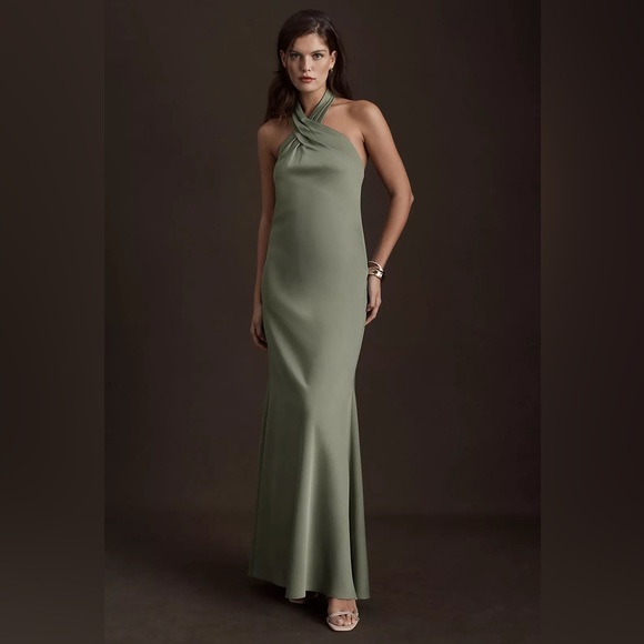 BHLDN Ruby Twist Halter Satin Gown - Moss Green - Size 4 - Like new - Picture 1 of 9
